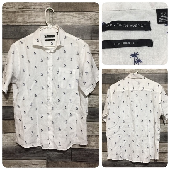 Saks Fifth Avenue 100% Linen Palm Tree Floral Button Up Shirt Men’s L White Blue - Picture 1 of 8